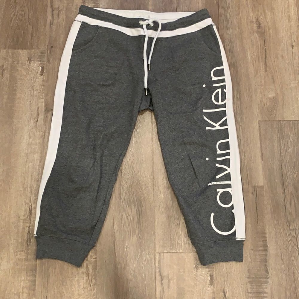 Gray and white jogger pants